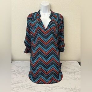 Riley + James Top Woman XXL Tunic Blue Red Hi Lo Aztec Top Pullover Blouse​